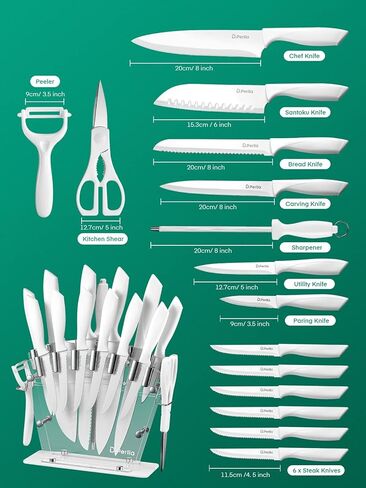 Knife Set, D.Perlla 16 Pieces White Kitchen Knife Set with Acrylic Stand, High Carbon Stainless Steel, Non Stick Coated Knife Block Set, No Rust, Non Slip Handle, Sharp Knife in Saudi Arabia