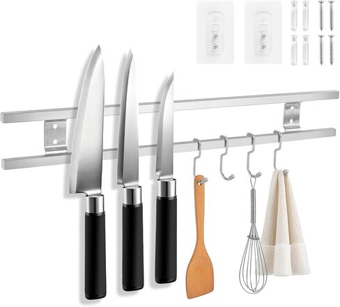 17 Inch Magnetic Knife Holder with 4 Hooks, Dual Rod Strong Magnet Knife Bar for Partry Garage Tool Rack, No Drilling Wall Mount Magnetic Knife Strip Adhesive Knife Holder for RV Kitchen Organization in Saudi Arabia