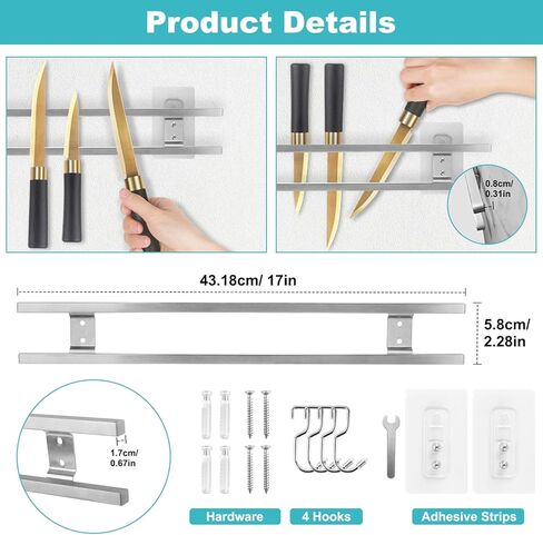 17 Inch Magnetic Knife Holder with 4 Hooks, Dual Rod Strong Magnet Knife Bar for Partry Garage Tool Rack, No Drilling Wall Mount Magnetic Knife Strip Adhesive Knife Holder for RV Kitchen Organization in Saudi Arabia