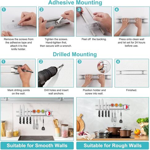17 Inch Magnetic Knife Holder with 4 Hooks, Dual Rod Strong Magnet Knife Bar for Partry Garage Tool Rack, No Drilling Wall Mount Magnetic Knife Strip Adhesive Knife Holder for RV Kitchen Organization in Saudi Arabia