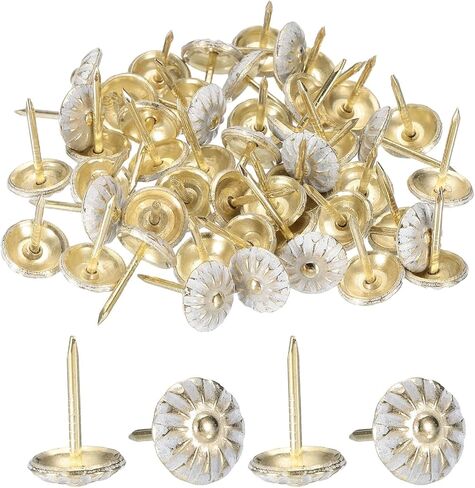 uxcell 50Pcs Upholstery Tacks, 7/16" x 11/16" Vintage Flower Head Furniture Upholstery Nails Decorative Thumb Tacks Pins for Sofa Chair Bed, Gold/White in Saudi Arabia