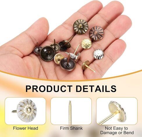 uxcell 50Pcs Upholstery Tacks, 7/16" x 11/16" Vintage Flower Head Furniture Upholstery Nails Decorative Thumb Tacks Pins for Sofa Chair Bed, Gold/White in Saudi Arabia