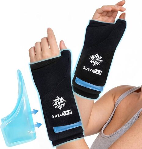 غلاف ثلج للمعصم مزدوج الجل من SuzziPad 2PK - 30 دقيقة + علاج بارد لنفق الرسغ والتهاب المفاصل والتهاب الأوتار، كم ضغط قابل للفصل لليد والإبهام والساعد - للكتابة المكتبية والتعافي في صالة الألعاب الرياضية، مقاس M in Kuwait