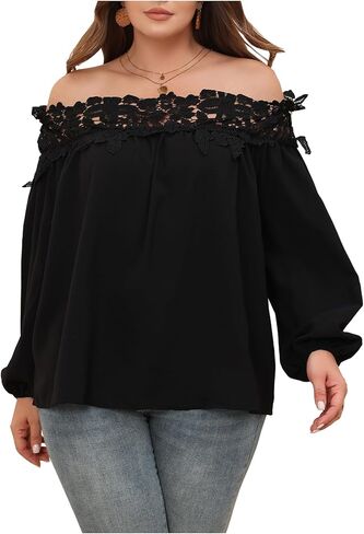 WDIRARA Women's Plus Size Off The Shoulder Top Lace Bishop Long Sleeve Blouse in Saudi Arabia