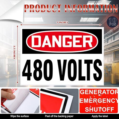 10 قطع من ملصقات Novabright DANGER 480 Volts - ملصقات تحذيرية من الفينيل لاصقة مقاس 5 بوصة × 3.5 بوصة لمكان العمل الصناعي الكهربائي in Kuwait