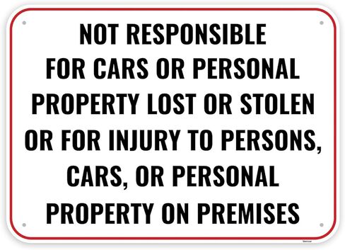 قطعة واحدة من لافتة غير مسؤولة عن الحوادث أو الإصابات، مقاس 14 × 10 بوصة - من الألومنيوم - لافتة ورشة عمل السيارة للعناصر المفقودة أو المسروقة in Saudi Arabia