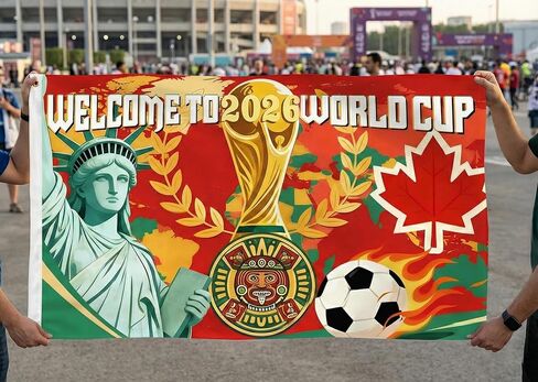كأس العالم لكرة القدم 2026، علم 2026، بضائع كرة القدم الأمريكية، كندا، المكسيك، 5 × 3 قدم، مرحبًا بك في كأس العالم لكرة القدم 2026، لافتة لحفلات المشاهدة الرياضية وأحداث تجمع المعجبين، 2026، علم الترحيب in Saudi Arabia