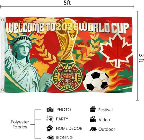 كأس العالم لكرة القدم 2026، علم 2026، بضائع كرة القدم الأمريكية، كندا، المكسيك، 5 × 3 قدم، مرحبًا بك في كأس العالم لكرة القدم 2026، لافتة لحفلات المشاهدة الرياضية وأحداث تجمع المعجبين، 2026، علم الترحيب in Saudi Arabia