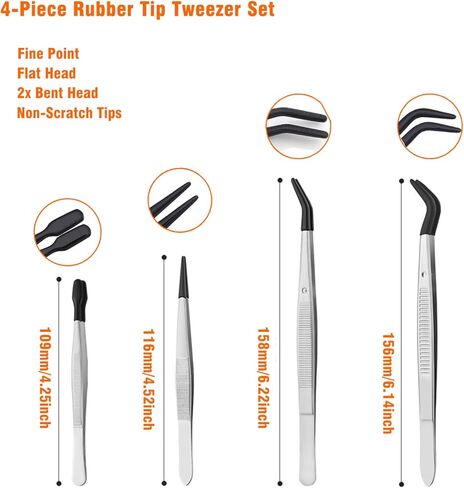 4 Pcs Rubber Tip Tweezers Set, Non-Scratch PVC Coated Tips - Fine Point, Flat & Bent Head Tweezers for Crafts, Jewelry Making, Electronics, Eyelash Extensions in Saudi Arabia