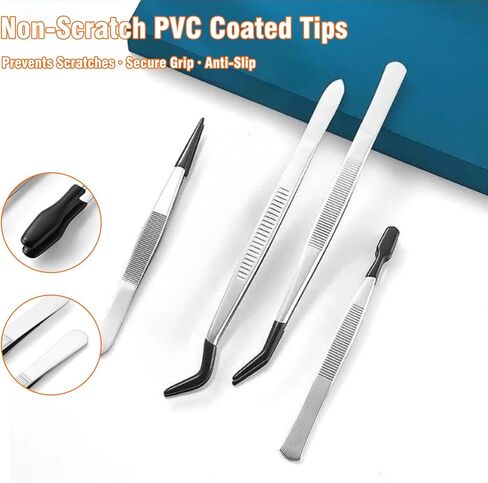 4 Pcs Rubber Tip Tweezers Set, Non-Scratch PVC Coated Tips - Fine Point, Flat & Bent Head Tweezers for Crafts, Jewelry Making, Electronics, Eyelash Extensions in Saudi Arabia