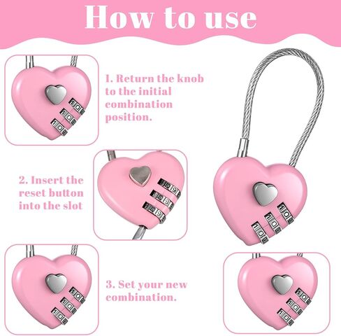 3 PCS Heart Lock, 3 Digit Combination Padlocks Pink Combination Lock for Luggage, Lockers, Backpacks, Jewelry Boxes, Travel & Outdoor Use in Saudi Arabia