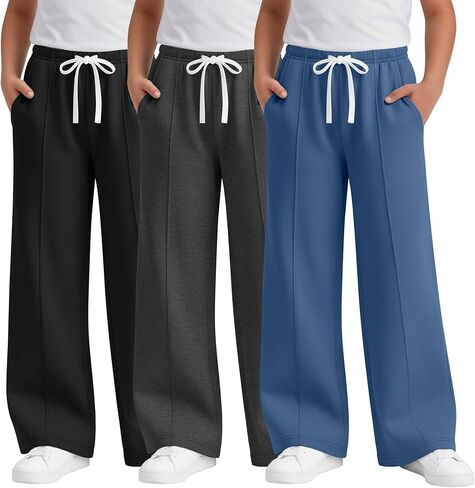 3 Pack Boy's Wide Leg Sweatpants Elastic Drawstring Open Bottom Pants Casual Baggy Athletic Joggers 5-14 Years in Saudi Arabia