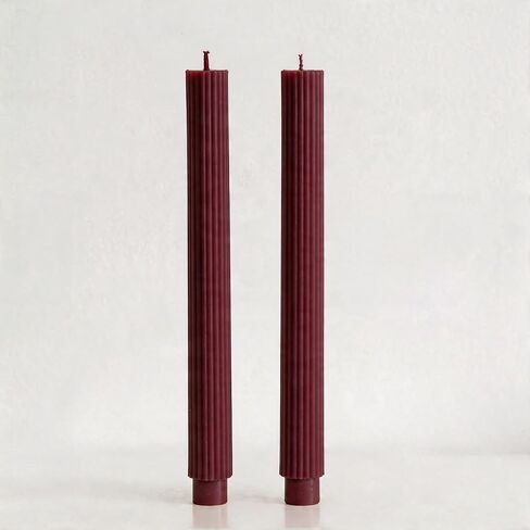 2 Pack | 10" Premium Unscented Ribbed Wick Taper Candles, Tall Ribbon Wax Dinner Unscented Modern Home Décor Soy Wax Handmade 12 Hours candlesticks (Burgundy) in Saudi Arabia