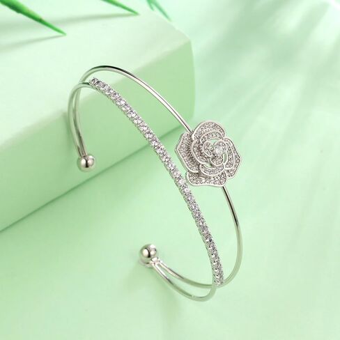Rose Bracelet with Zircon 18K Gold/Silver Plated Adjustable Cuff Bangle Flower Bracelets Jewelry for Women CB0015 in Saudi Arabia