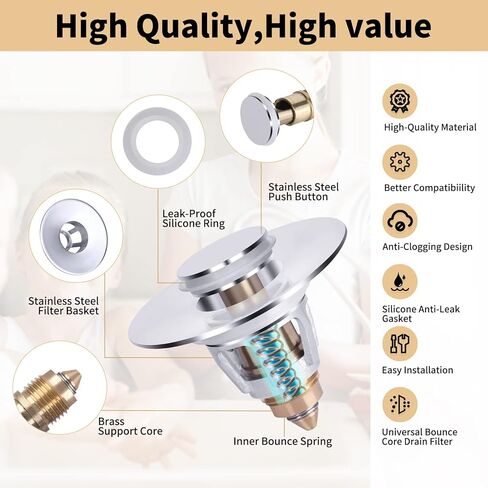 U.S. Standard Bathroom Sink Stopper 1.1"-1.5", Stainless Steel Universal Pop Up Drain Stopper for Bathroom Sink, Universal Drain Filter Drain Plug with Spring Core ​Push Type Converte in Saudi Arabia