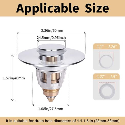 U.S. Standard Bathroom Sink Stopper 1.1"-1.5", Stainless Steel Universal Pop Up Drain Stopper for Bathroom Sink, Universal Drain Filter Drain Plug with Spring Core ​Push Type Converte in Saudi Arabia