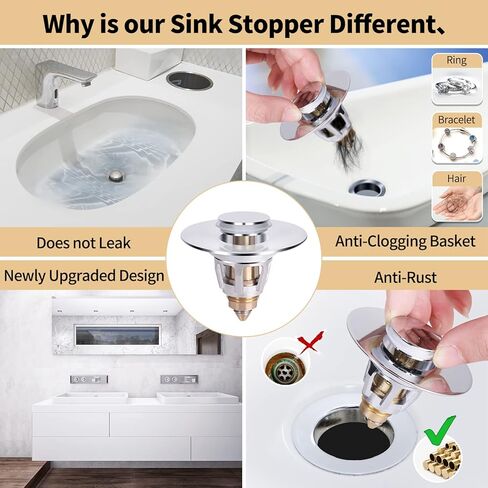 U.S. Standard Bathroom Sink Stopper 1.1"-1.5", Stainless Steel Universal Pop Up Drain Stopper for Bathroom Sink, Universal Drain Filter Drain Plug with Spring Core ​Push Type Converte in Saudi Arabia
