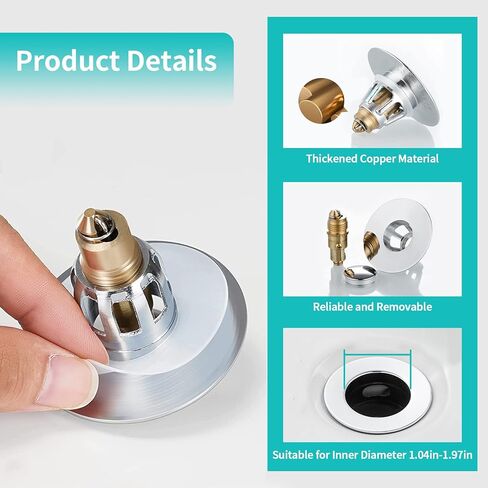 Sink Stopper, Bathroom Sink Drain Strainer with Hair Catcher, for 1.04’’~1.97’’ Drain Hole, Brass Universal Drain Cover, Pop Up Basin Plug in Saudi Arabia