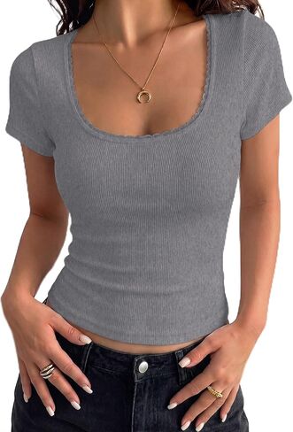 PRETTYGARDEN Women's Short Sleeve Tops 2026 Summer Lace Trim Square Neck Slim Fitted Going Out Basic Tee Shirts Y2K Clothes in Saudi Arabia