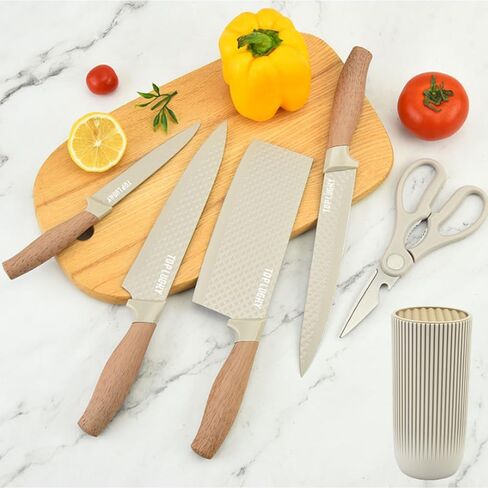 Knife Set, Wiztoynia 6-Piece Khaki Kitchen Knife Set for Home, Anti-Rust Non-stick Stainless Steel Sharp Chef Knife Sets with Universal Knife Block for Kitchen, Ergonomical Design (Khaki) in Saudi Arabia