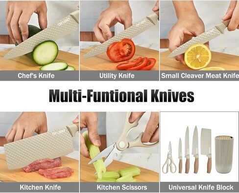 Knife Set, Wiztoynia 6-Piece Khaki Kitchen Knife Set for Home, Anti-Rust Non-stick Stainless Steel Sharp Chef Knife Sets with Universal Knife Block for Kitchen, Ergonomical Design (Khaki) in Saudi Arabia