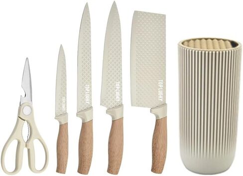 Knife Set, Wiztoynia 6-Piece Khaki Kitchen Knife Set for Home, Anti-Rust Non-stick Stainless Steel Sharp Chef Knife Sets with Universal Knife Block for Kitchen, Ergonomical Design (Khaki) in Saudi Arabia