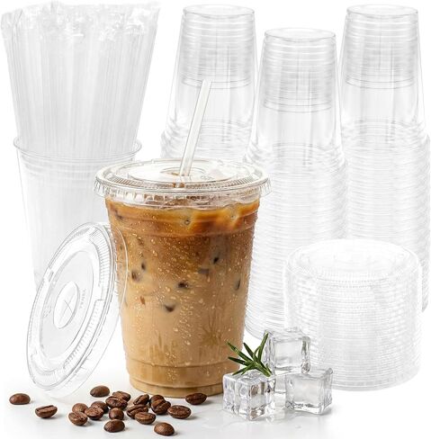16 oz Clear Plastic Cups with Lids and Straws 100 Pack Iced Coffee Cups with Lids for Smoothie Iced Coffee Disposable Coffee and TO-GO Cups for Cold Drinks, Milkshake, Bubble Tea in Saudi Arabia