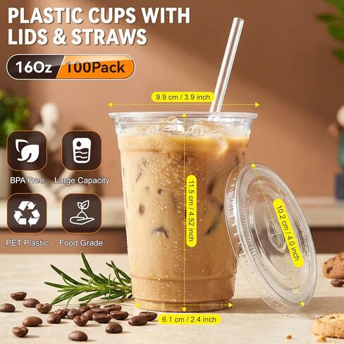 16 oz Clear Plastic Cups with Lids and Straws 100 Pack Iced Coffee Cups with Lids for Smoothie Iced Coffee Disposable Coffee and TO-GO Cups for Cold Drinks, Milkshake, Bubble Tea in Saudi Arabia
