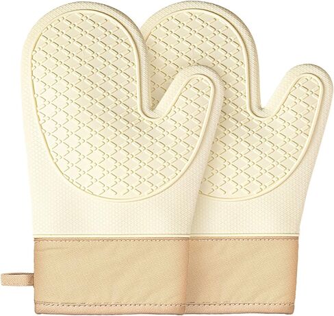 Silicone Oven Mitts (2 PCS), Waterproof Non Slip Grip Oven Gloves with Thick Soft Cotton Lining, Universal Fit Heat Resistant Kitchen Gloves for Baking, BBQ, Cooking and Grilling - White in Saudi Arabia