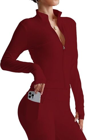 Women's Zip Up Yoga Jacket, Slim Fit Long Sleeve Workout Tops With Thumb Holes, Athletic Running Gym Jackets For Women in Saudi Arabia