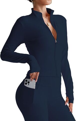 Women's Zip Up Yoga Jacket, Slim Fit Long Sleeve Workout Tops With Thumb Holes, Athletic Running Gym Jackets For Women in Saudi Arabia