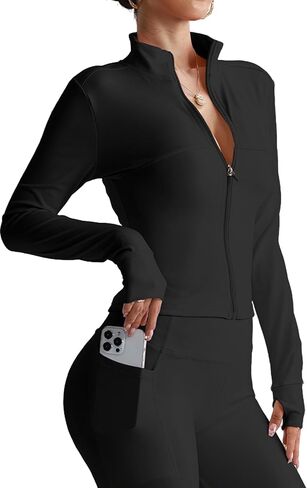 Women's Zip Up Yoga Jacket, Slim Fit Long Sleeve Workout Tops With Thumb Holes, Athletic Running Gym Jackets For Women in Saudi Arabia