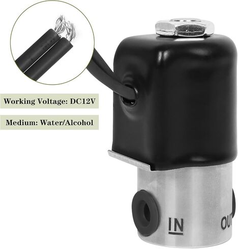 1/8" NPT Stainless Steel 12V DC Normally Closed Electric Solenoid Valve, Nitrile (NBR) Seal, 0.078" Orifice, 300 PSI, Water/Methanol Compatible, Black Lead Wires in Saudi Arabia