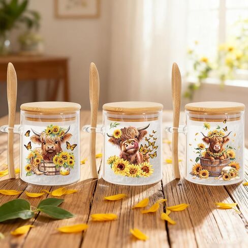 FYSUIMU 3Pcs 13 Oz Spring Summer Glass Jars with Lids and Spoons Highland Cow Sunflower Airtight Candy Condiment Container Bowls for Goodie Sugar Cookies Treat Storage Hot Cocoa Bar Supplies in Saudi Arabia