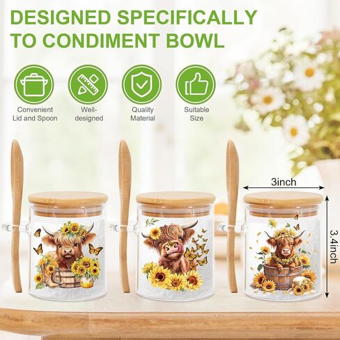 FYSUIMU 3Pcs 13 Oz Spring Summer Glass Jars with Lids and Spoons Highland Cow Sunflower Airtight Candy Condiment Container Bowls for Goodie Sugar Cookies Treat Storage Hot Cocoa Bar Supplies in Saudi Arabia