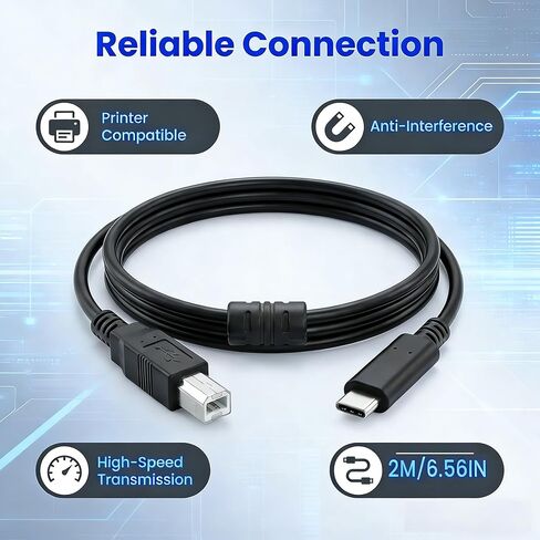 كابل طابعة USB B إلى USB C بطول 6.6 قدم، سلك طابعة من النوع B إلى النوع C لجهاز MacBook Pro، Air، كابل MIDI لبيانو Yamaha Casio الرقمي in Saudi Arabia
