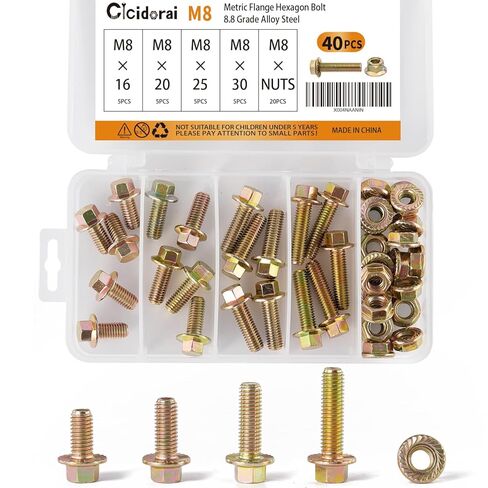 40PCS M8 x 16mm 20mm 25mm 30mm Metric Flange Hexagon Bolt with nut Assortment Kit，Alloy Steel Grade 8.8，Yellow Zinc Plated，Metric Allen Hex Drive，Fully Threaded in Saudi Arabia