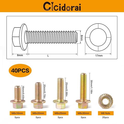 40PCS M8 x 16mm 20mm 25mm 30mm Metric Flange Hexagon Bolt with nut Assortment Kit，Alloy Steel Grade 8.8，Yellow Zinc Plated，Metric Allen Hex Drive，Fully Threaded in Saudi Arabia