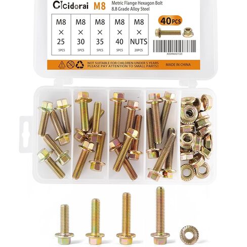 40PCS M8 x 16mm 20mm 25mm 30mm Metric Flange Hexagon Bolt with nut Assortment Kit，Alloy Steel Grade 8.8，Yellow Zinc Plated，Metric Allen Hex Drive，Fully Threaded in Saudi Arabia
