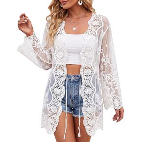 Cuffbow Women's Lace Swimsuit Cover up Kimono Bathing Suit Cover up Beach Mesh Open Front Summer Cardigan in Kuwait