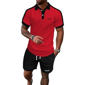 Men's Summer Thin Wing Print Color-Blocked Lapel Short-sleesleeved Polo Shirt 2-piece Set Casual Vacation Beach Sports (Red+Black,Large) in Kuwait