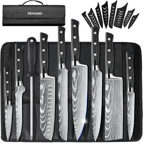 MDHAND Chef Knife Set with Roll Bag, 9PCS Professional Knife Set with Sharpener, High Carbon Stainless Steel Japanese Kitchen Knife Set - Forged Triple Rivet Handle, Dishwasher Safe, Chef Gifts, Black in Saudi Arabia