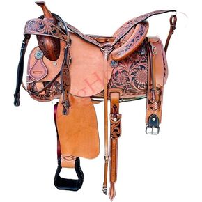 Western Horse Saddle Set Genuine Leather Hand Tooled Floral Cowboy Saddle Trail Pleasure Riding Tack with Breast Collar Headstall Reins Stirrups and Cinch Rodeo Equestrian Gear in Saudi Arabia