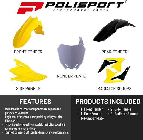 Polisport Motocross (MX) طقم بلاستيكي طبق الأصل لسوزوكي RMZ 450 (2008-17) - جودة OEM، متينة ومرنة ومثالية - أصفر / أسود / أبيض in Saudi Arabia