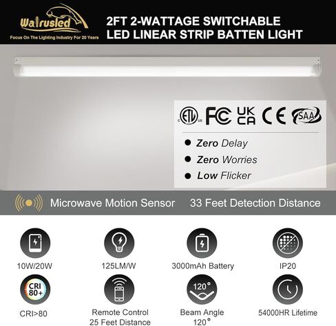 2FT مستشعر الحركة ثلاثي المستوى LED شريط خطي لإضاءة الدرج في حالات الطوارئ مع جهاز تحكم عن بعد، 10 وات/20 وات 1250 لومن/2500 لومن، بطارية احتياطية، 5000 كلفن، 100-277 فولت IP20، مصباح سقف متجر تجاري قابل للتعتيم بطول 2 قدم، ETL in Saudi Arabia