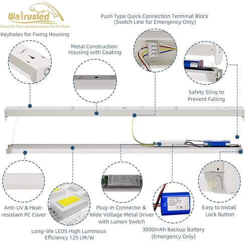 2FT مستشعر الحركة ثلاثي المستوى LED شريط خطي لإضاءة الدرج في حالات الطوارئ مع جهاز تحكم عن بعد، 10 وات/20 وات 1250 لومن/2500 لومن، بطارية احتياطية، 5000 كلفن، 100-277 فولت IP20، مصباح سقف متجر تجاري قابل للتعتيم بطول 2 قدم، ETL in Saudi Arabia