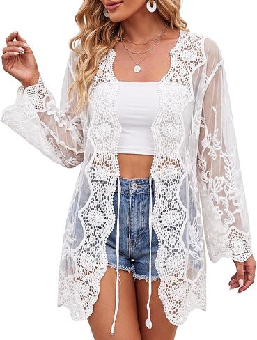 Cuffbow Women's Lace Swimsuit Cover up Kimono Bathing Suit Cover up Beach Mesh Open Front Summer Cardigan in Saudi Arabia