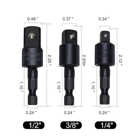 3PCS Impact Grade Socket Adapter Set, 1/4" 3/8" 1/2" Drill Converter for Impact Driver, 360° Rotatable Extension Bar, Power Tool Accessories Gift for Men in Saudi Arabia
