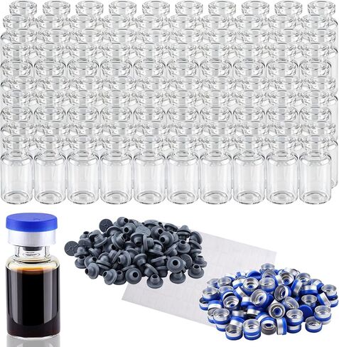 HighFree 5ml Clear Glass Vials-100 Pack Clear Glass Headspace Vial with Plastic-Aluminum Flip Caps and Rubber Injection Stoppers & Label Papers, Flat Bottom Lab Vial in Saudi Arabia