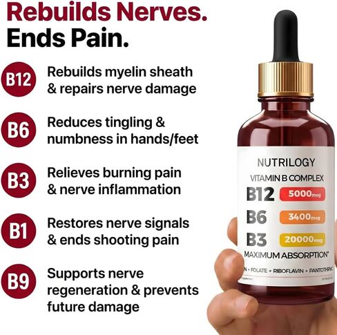 Vitamin B Complex for Men & Women - Riboflavin B2, B3, B5, B6, B12 | B-Complex Supplement - Nerve Pain, Energy, Brain & Heart Support - Made in USA, 60 Servings in Saudi Arabia